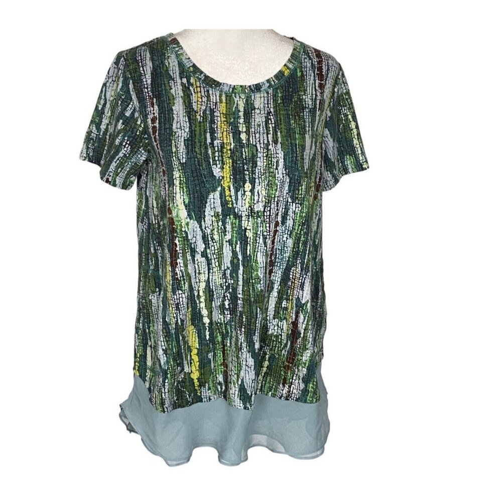 LORI GOLDSTEIN Women Short Sleeve Tunic Sz XS Green Lagenlook Boho Casual 2-22